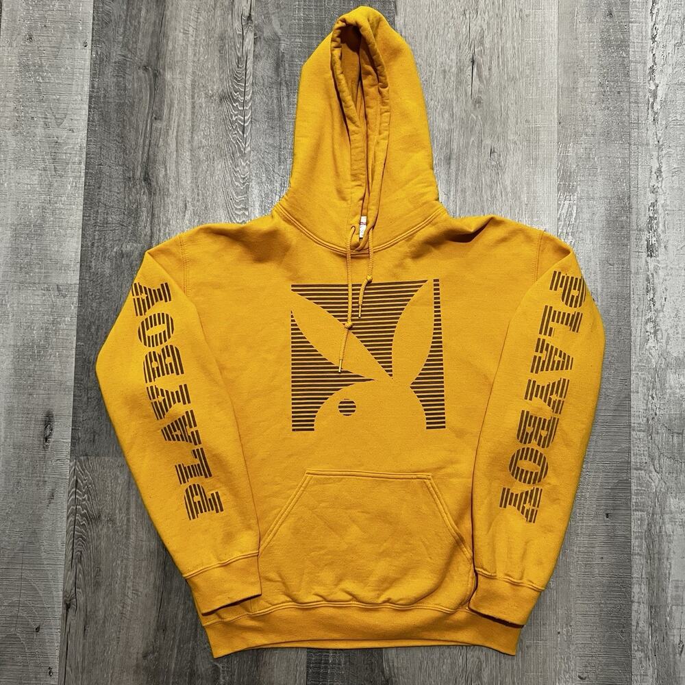 VTG Playboy Hoodie Bunny Graphic Print Fleece Pullover Yellow Sleeve Print Sz M